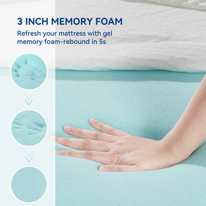 3 Inch Memory Foam Mattress Topper Queen Size Breathable Gel Memory Foam Cooling Mattress Topper Mattress Pad Cover for Back Pain Bed Topper with Washable Cover