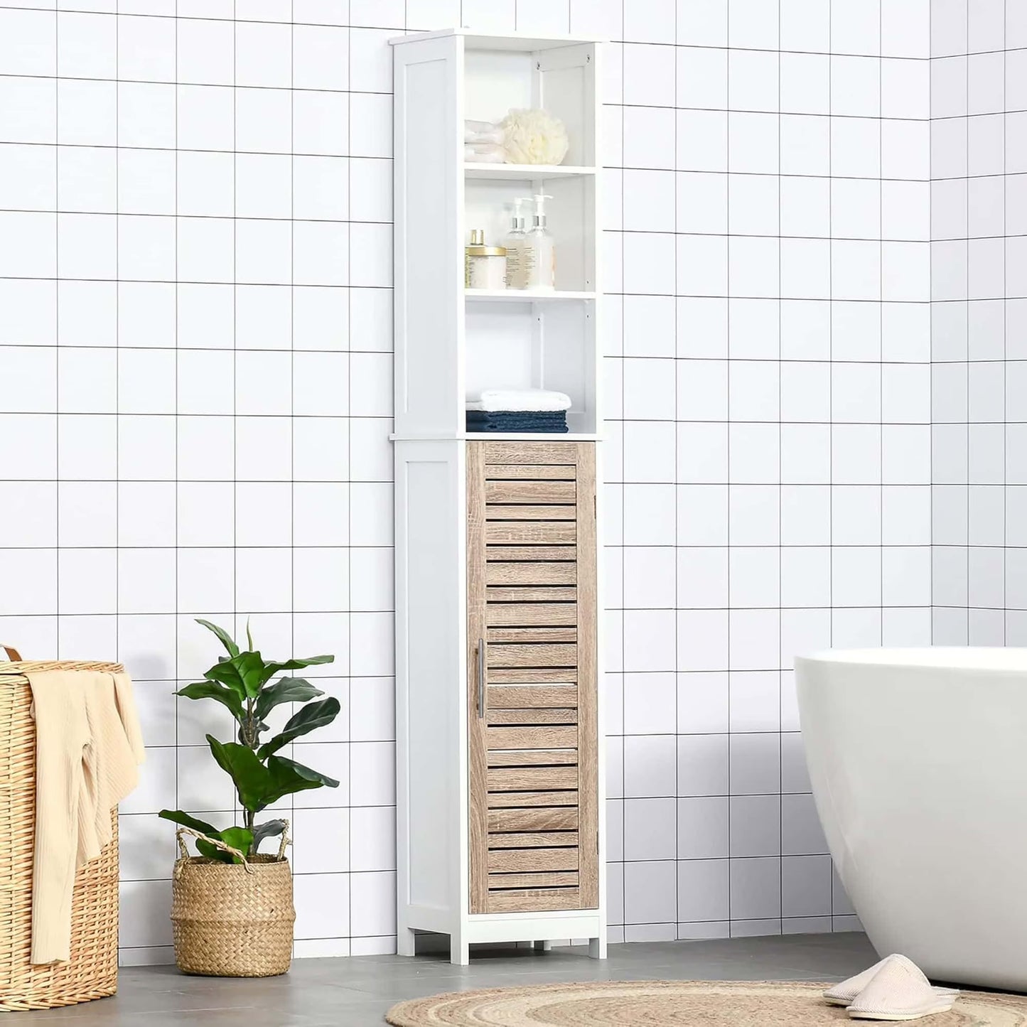 Tall Bathroom Storage Cabinet with Open Shelves and Vented Door, Slim Linen Cabinet for Compact Bathroom Organization, White and Oak Finish - Stockholm Collection