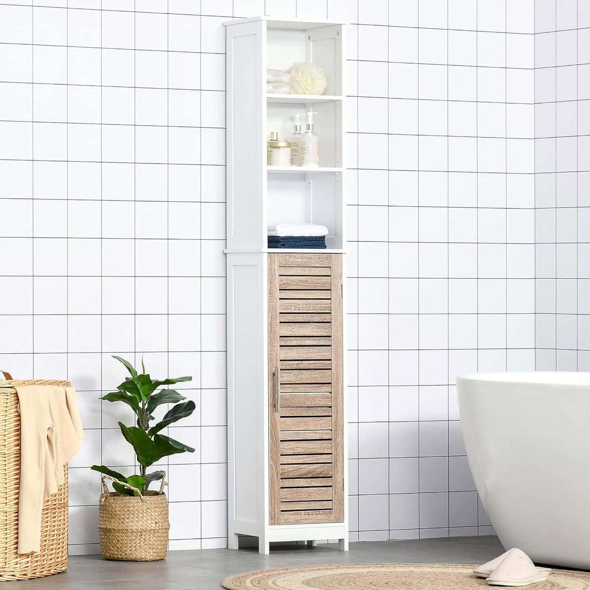 Tall Bathroom Storage Cabinet with Open Shelves and Vented Door, Slim Linen Cabinet for Compact Bathroom Organization, White and Oak Finish - Stockholm Collection