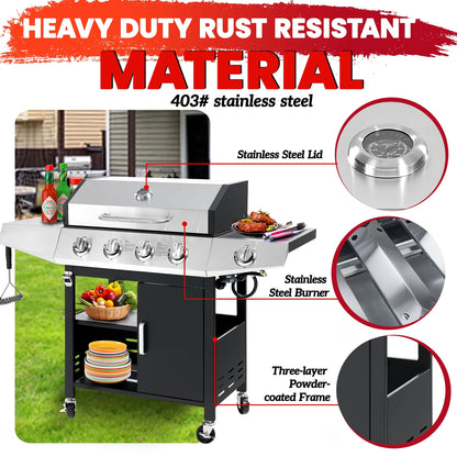 4-Burner BBQ Grill W/Side Burner, 50,000BTU Gas Propane Grill Portable with Storage Cabinet, Heavy-Duty Stainless Steel Outdoor Cooking, with Tank Hook, Towel Rack, Steel Brush