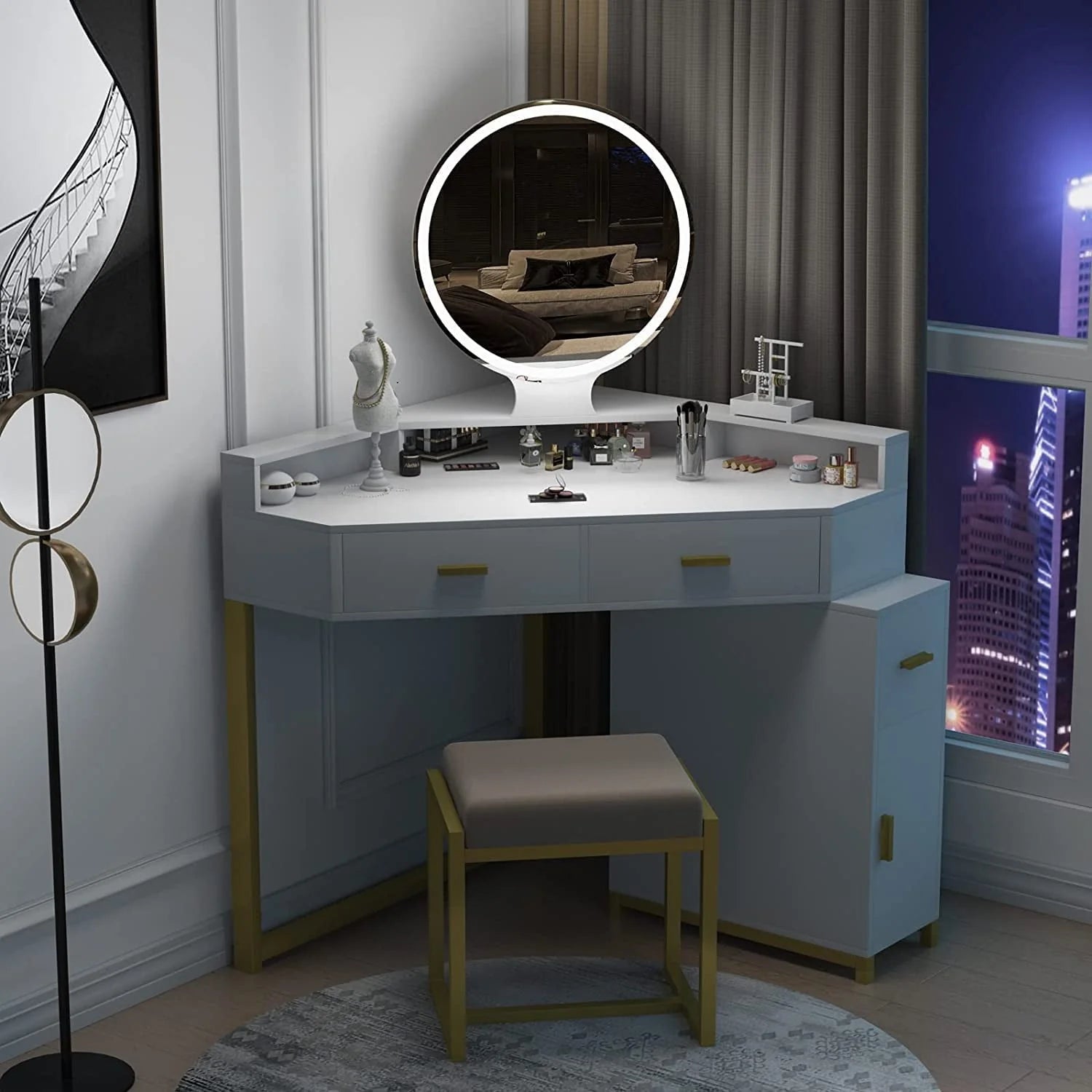 Corner Vanity Set with Lighted Mirror, Makeup Vanity Dressing Table with Drawers, Cabinet and Cushioned Stool, Girls Vanity Desk for Bathroom, Bedroom, White by TZUTOGETHER
