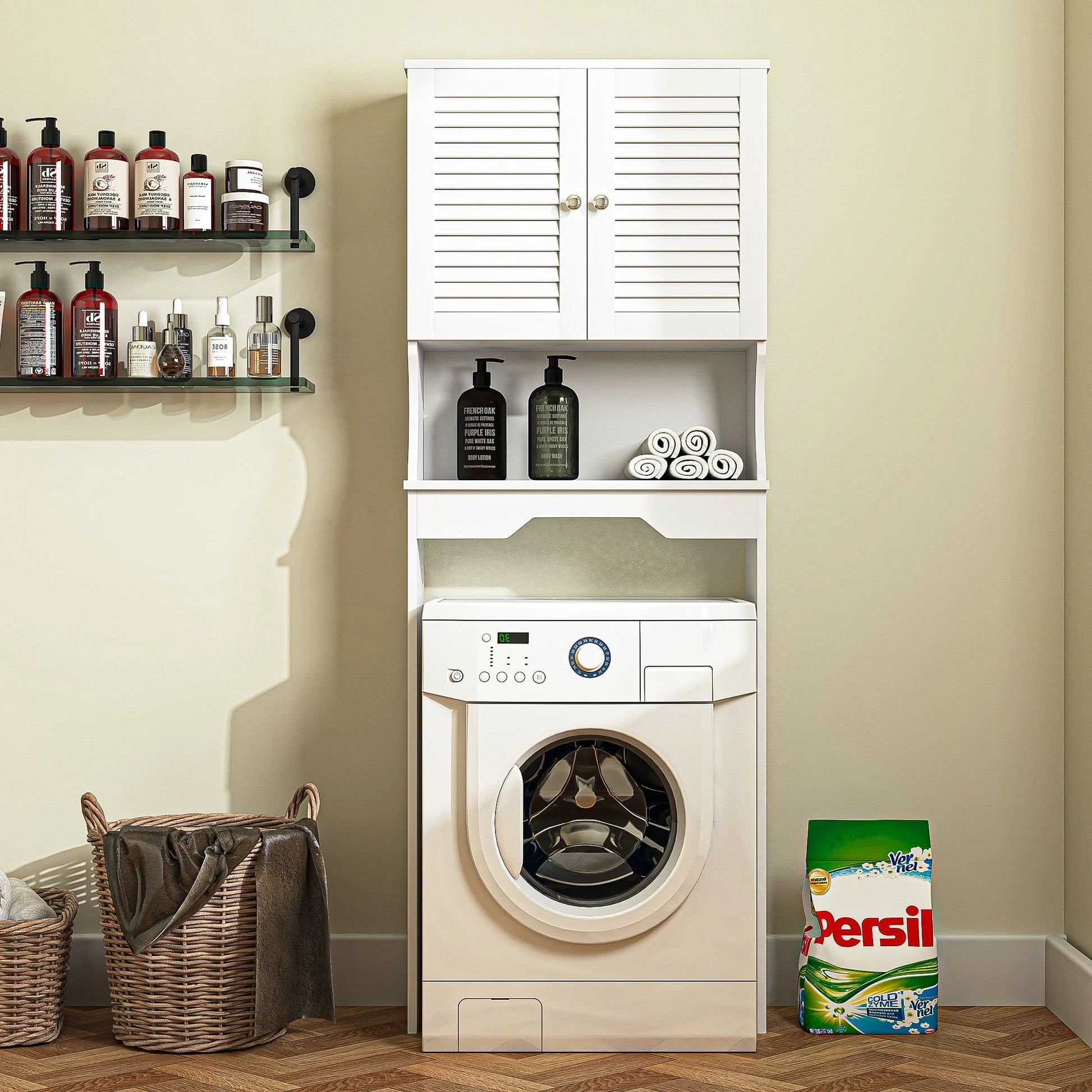 Kadyn Bathroom Space Saver Cabinet, Over The Toilet Storage Cabinet with Double Doors and 1 Adjustable Shelf, W Bathroom Space Saver for Home, White