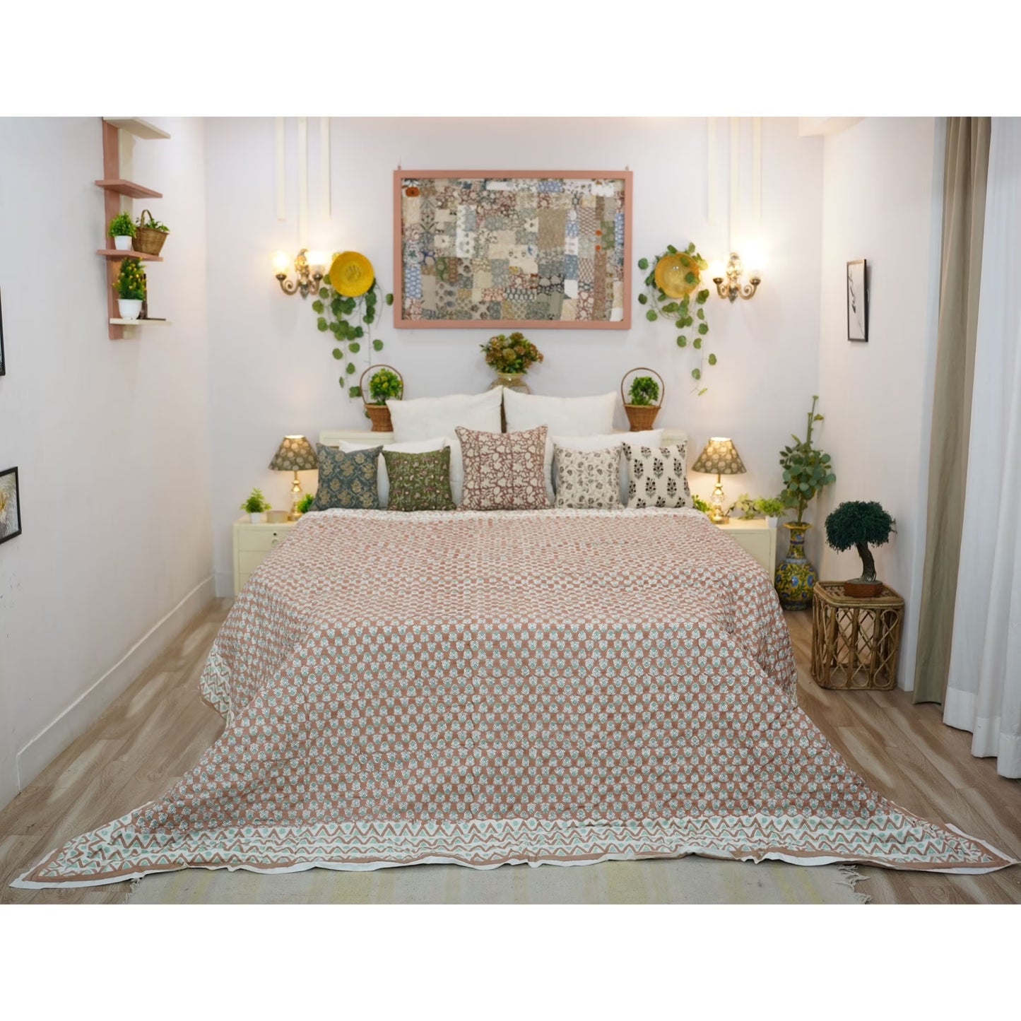 Handmade quilt, block printed floral quilt, boho decorative winter quilt, Indian bedding quilt, throw and blanket for room