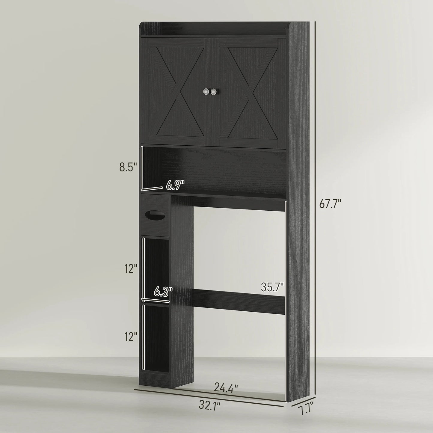 HOMCOM Over the Toilet Storage Cabinet, Farmhouse Above Toilet Bathroom Organizer with Barn Doors, Adjustable Shelf, Toilet Paper Holder, Black