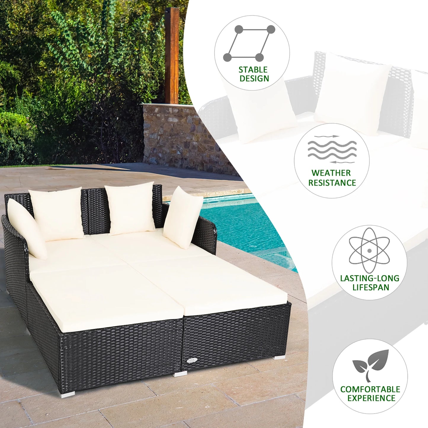 Costway Outdoor Patio Rattan Daybed Pillows Cushioned Sofa Furniture Beige