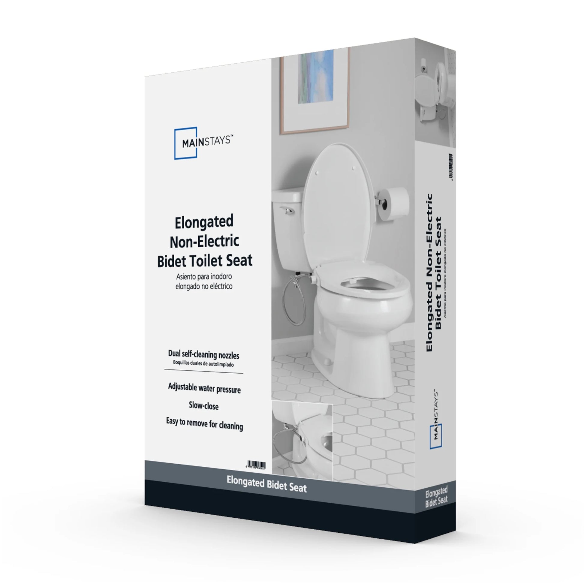 Mainstays Elongated Non-Electric Bidet Toilet Seat with Dual Self-Cleaning Nozzles, Daisy White