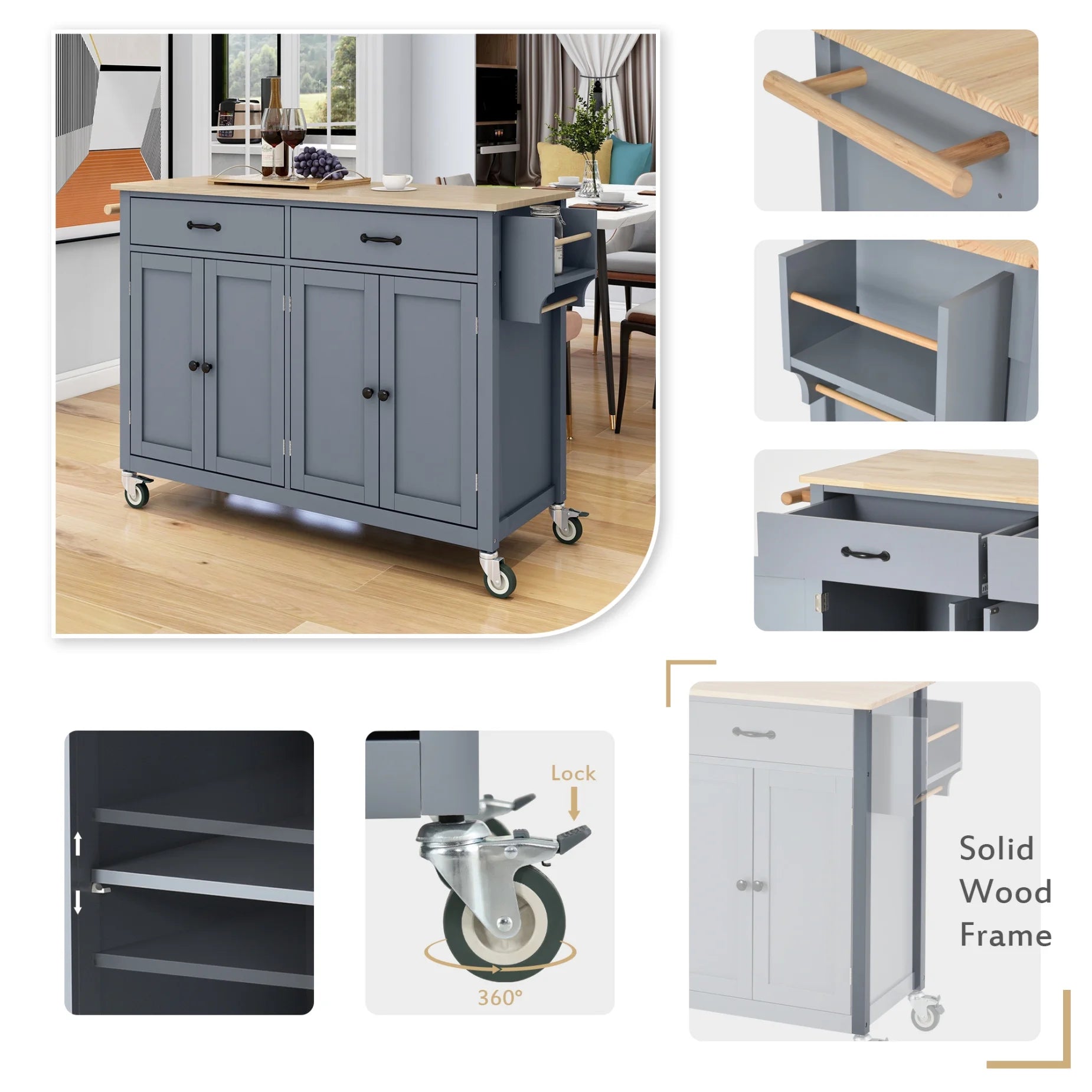 54.3" Kitchen Island Cart, Modern Solid Wood Storage Cabinet with Locking Wheels, 4 Door, Spice Rack, Towel Rack and Two Drawers, Rolling Mobile Kitchen Island Table, Blue