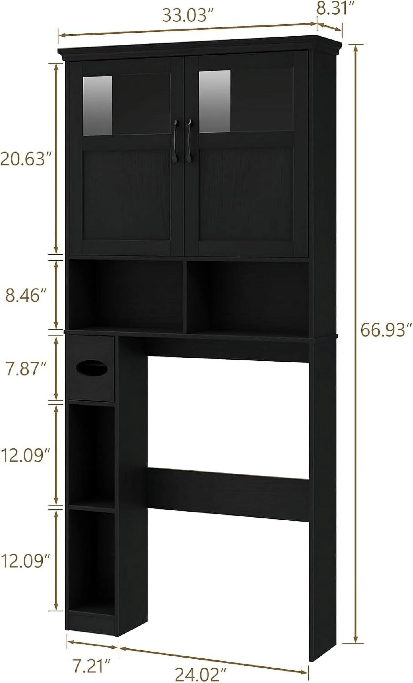 Over The Toilet Storage Cabinet, Storage Cabinet Over Toilet with Double Doors & Toilet Paper Holder Stand, Freestanding Toilet Shelf Space Saver with Anti-Tip Design & Adjustable Shelf, Black
