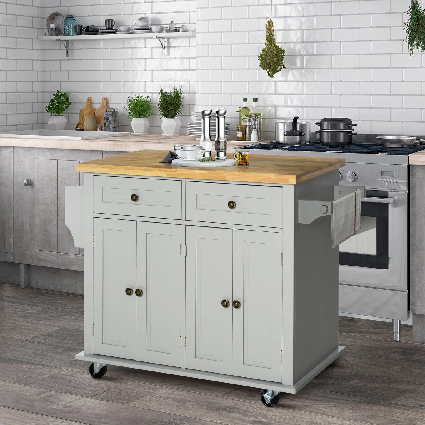HOMCOM Kitchen Island on Wheels, Rolling Cart with Rubberwood Top, Spice Rack, Towel Rack