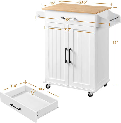 HXYHJ Kitchen Island on Wheels with Storage Cabinet, Rolling Kitchen Cart with Bamboo Top & Drawer & Spice Rack Towel Bar, Microwave Stand Cart for Kitchen/Dining Room, Black