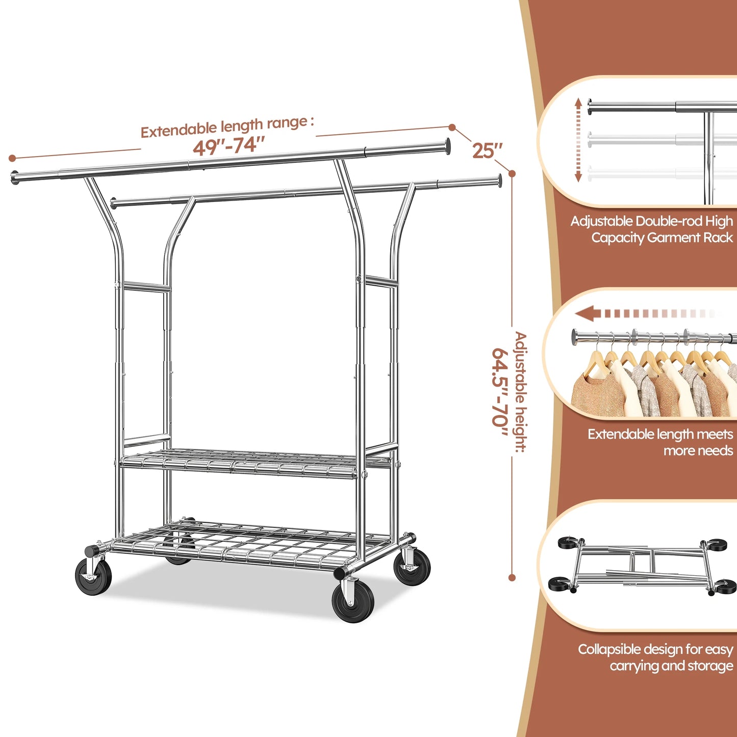 Clothes Rack with Wheels, Heavy-Duty Garment Rack for Hanging Clothes, Adjustable Freestanding Wardrobe Organizers and Storage with Double Sheves