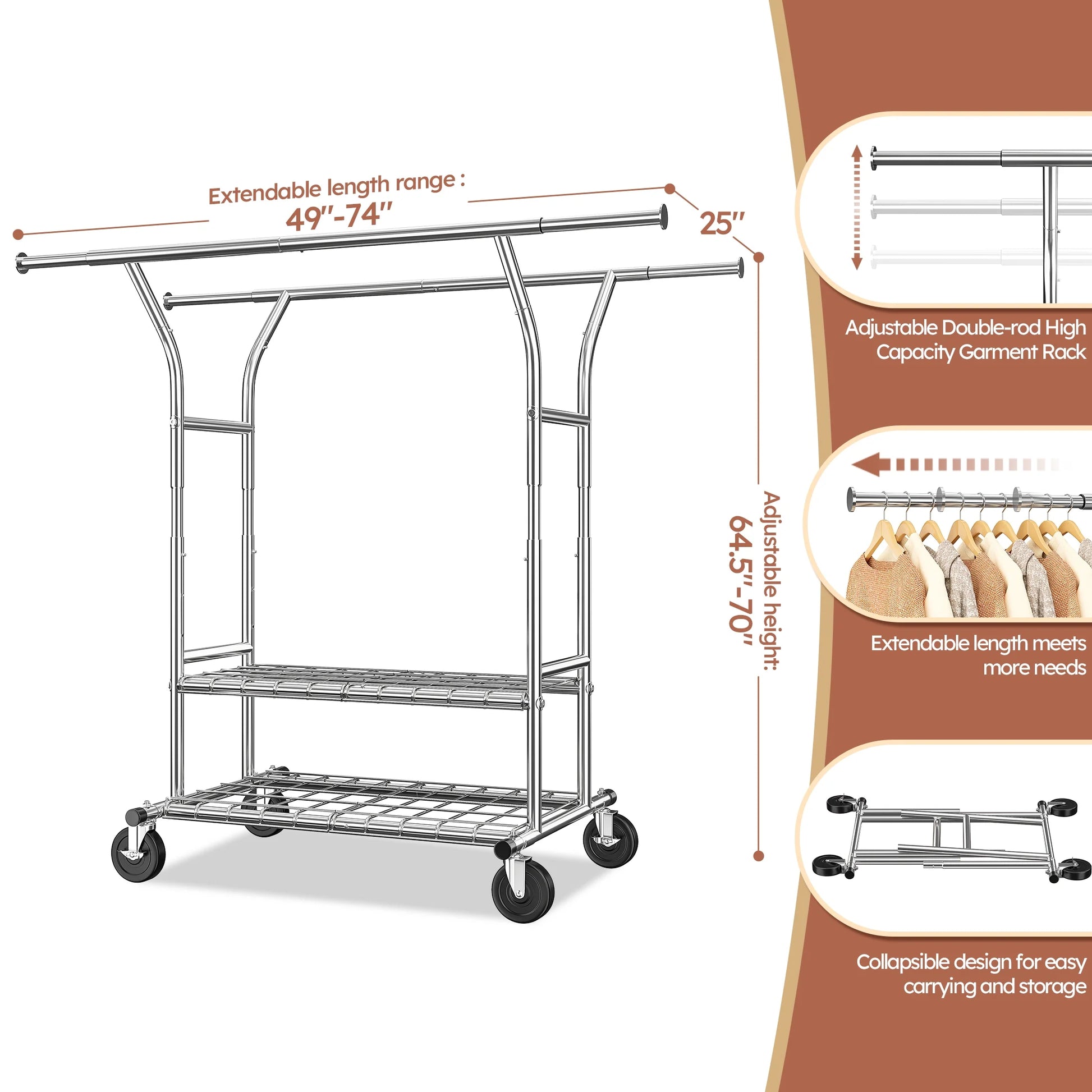 Clothes Rack with Wheels, Heavy-Duty Garment Rack for Hanging Clothes, Adjustable Freestanding Wardrobe Organizers and Storage with Double Sheves