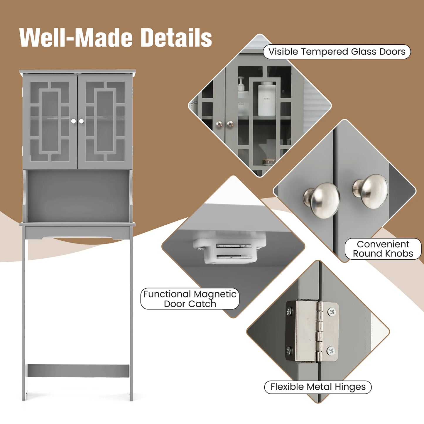 Gymax Grey Bathroom Over The Toilet Space Saver Storage Cabinet Organizer Shelf