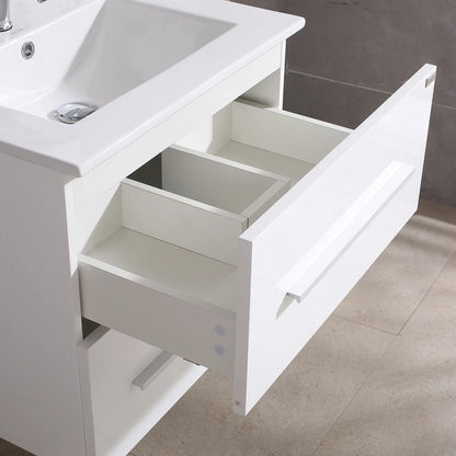 Wonline 24" Wall Mounted Bathroom Vanity with Sink, White Cabinet with Two Drawer and Mirror Chrome Faucet