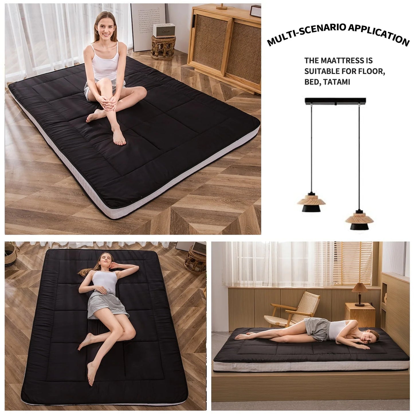 Mattress, Padded Japanese Floor Mattress Quilted Bed Mattress Topper, Extra Thick Folding Sleeping Pad, Black, Twin