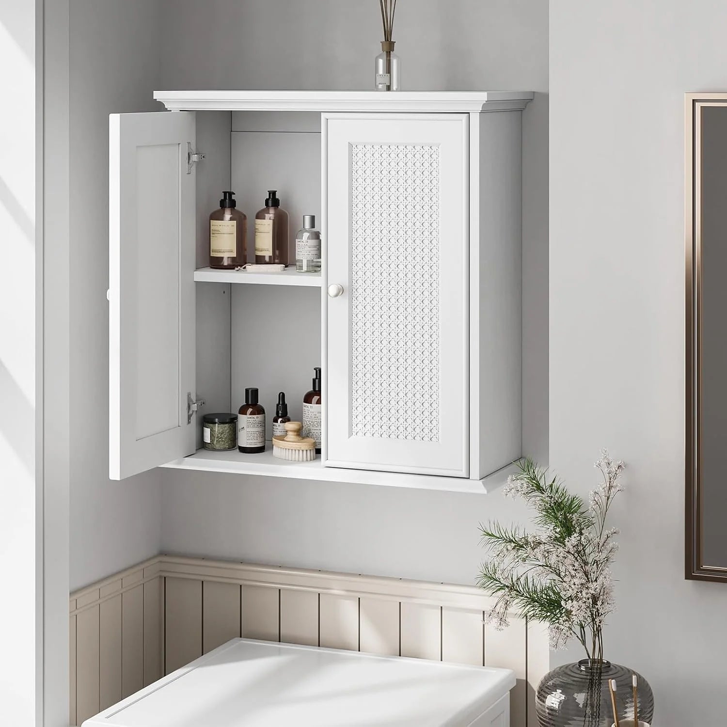 Medicine Cabinet Bathroom Wall Cabinet with Adjustable Shelf and 2 Rattan Doors, Space Saver Storage Cabinet for Livingroom, Laundry,White
