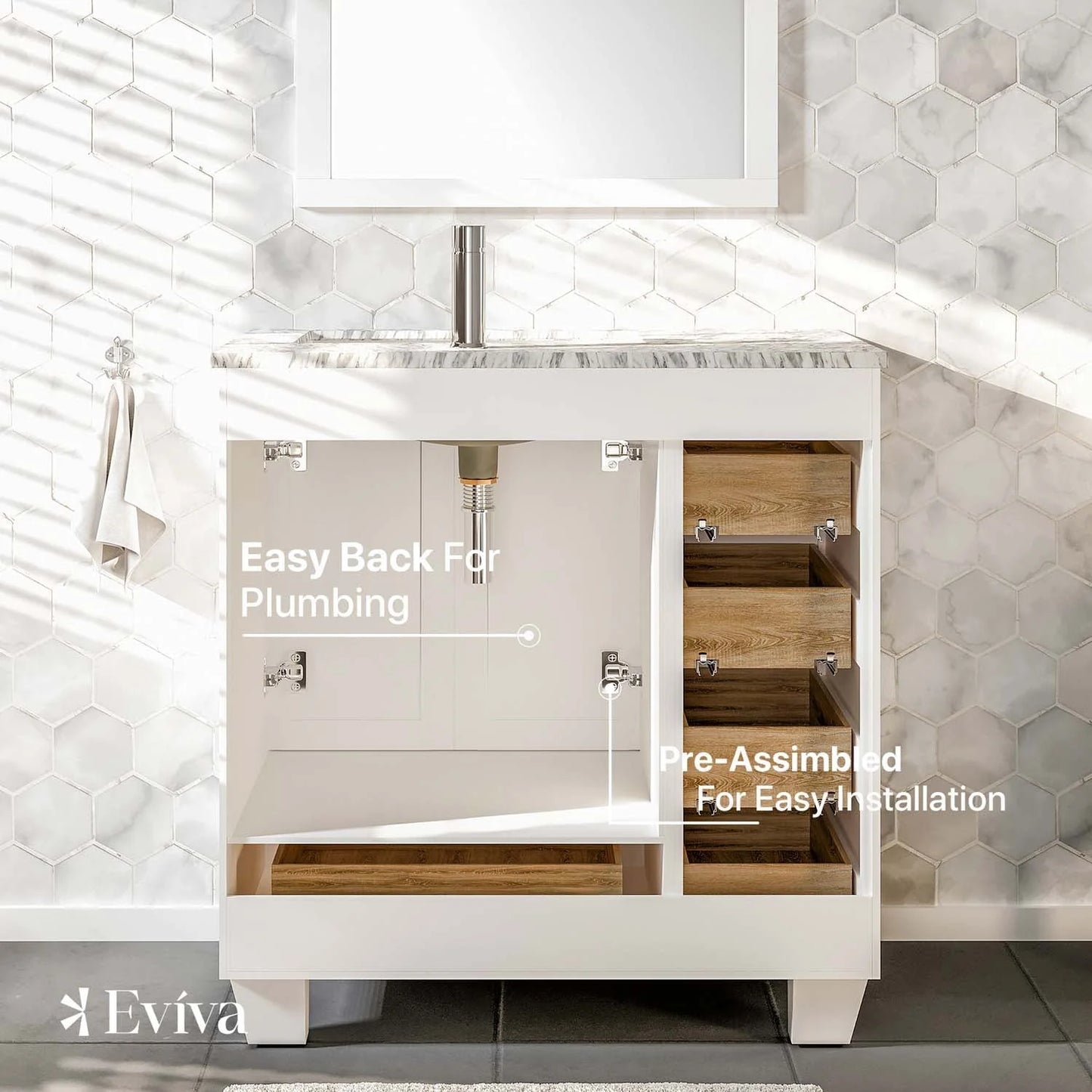 Eviva Happy 30" W x 18" D x 34" H White Bathroom Vanity with White Carrara Marble Counter-Top
