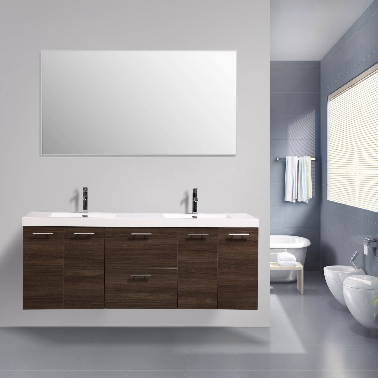 Eviva Luxury 84 inch Rosewood Bathroom Vanity with Integrated Acrylic Sinks