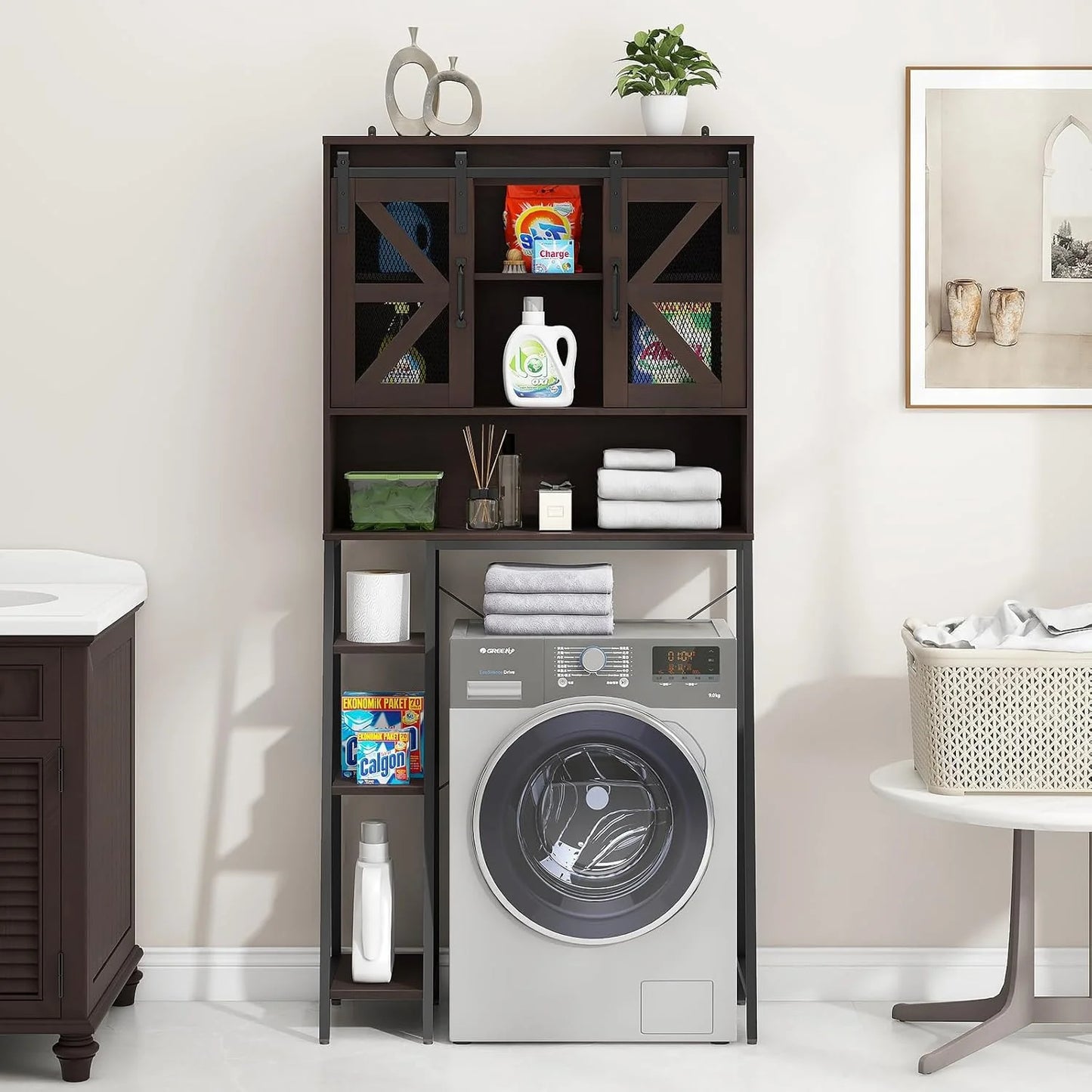 Vabches Over The Toilet Storage Cabinet with Toilet Paper Holder Stand, Above Toilet with Adjustable Shelf & 2 Doors