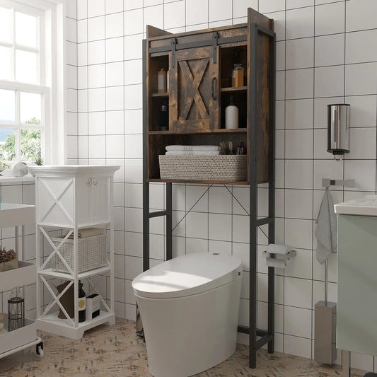 PWFE Farmhouse Over Toilet Bathroom Organizer, Freestanding Over The Toilet Storage Cabinet with Sliding Barn Door, Bathroom Space Saver Toilet Stands(Tan with metal frame)