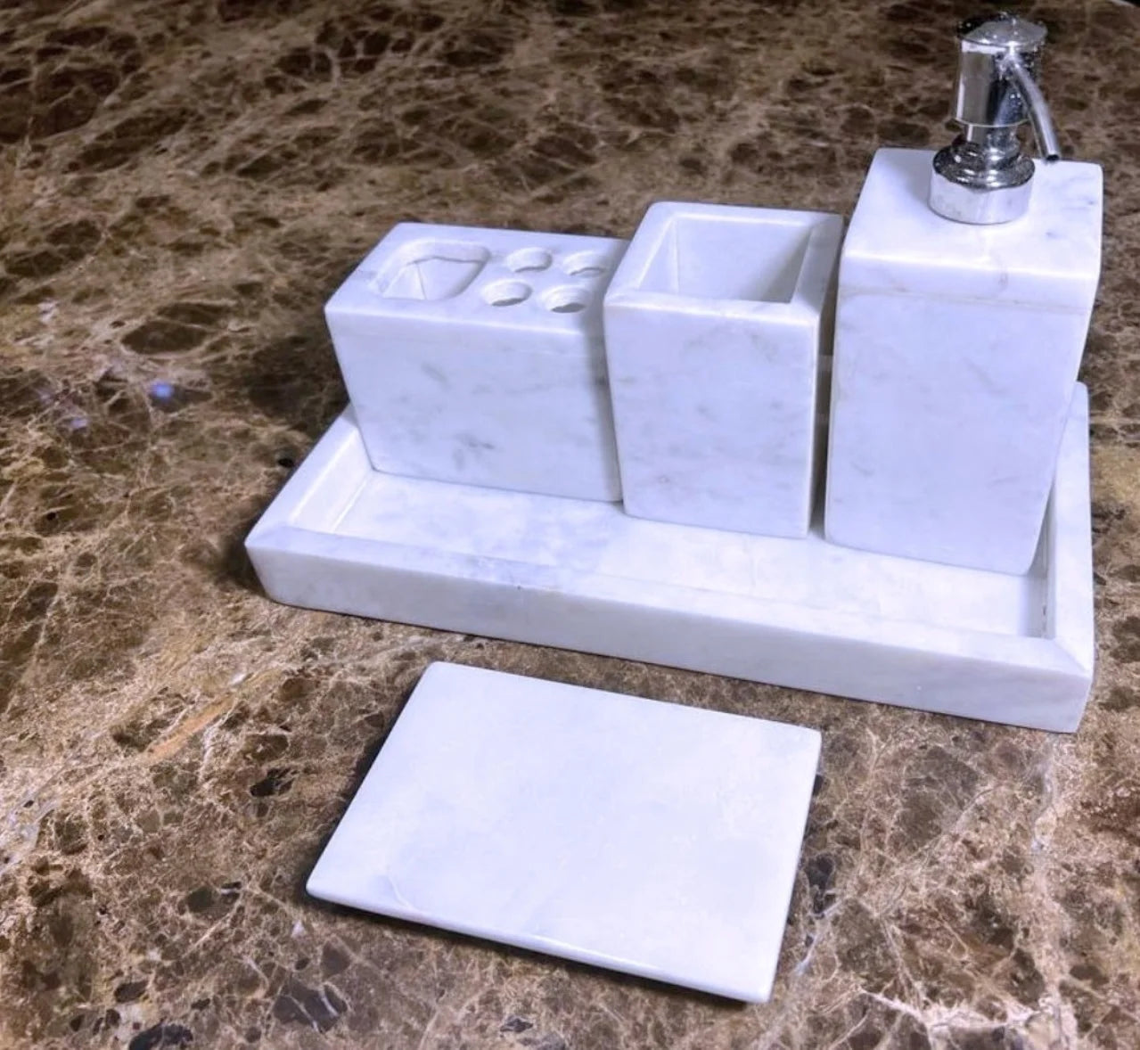 Magnus Impex Contemporary 5-Piece Natural Marble Bath Accessories Set, White