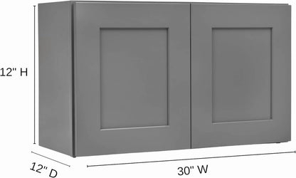 Gray Shaker Wall Cabinet - Ready to Assemble, Perfect for Kitchen, Laundry, Garage or Bathroom Storage - 30" W x 12" H x 12" D