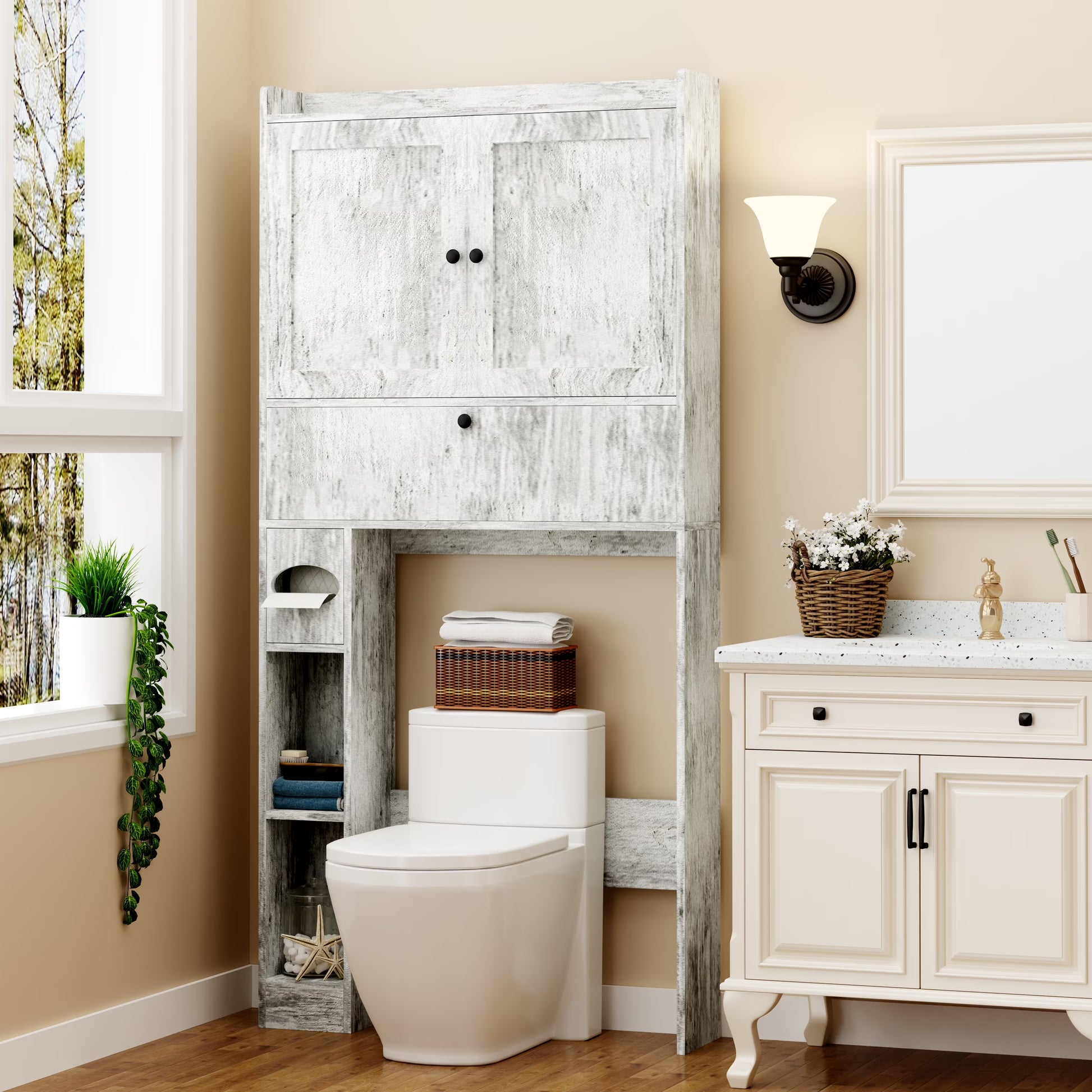 Over The Toilet Storage Cabinet,Bathroom Storage Cabinet with Wooden Doors,Bathroom Organizer Over-The-Toilet Cabinet(Distressed Brown)
