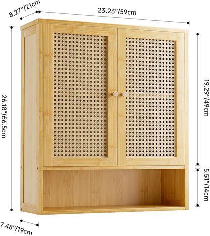Bathroom Wall Cabinet, Bamboo Over-The-Toilet Storage Organizer with 2 Rattan Doors and Adjustable Shelf, Space Saver Medicine Cabinet for Laundry, Kitchen, Living Room (Natural)