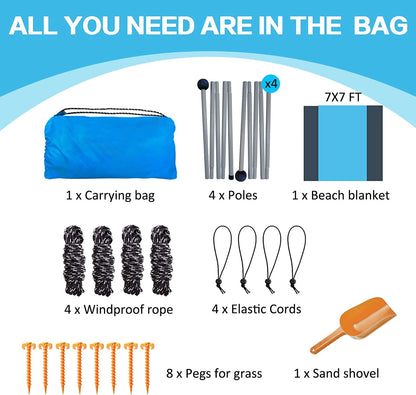Beach Canopy Beach Tent 11X11 FT Include Beach Blanket Beach Shade Canopy UPF50+ Sun Protection Windproof Ropes 4 Poles Carry Bag Easy to Set Up for Outdoor Camping