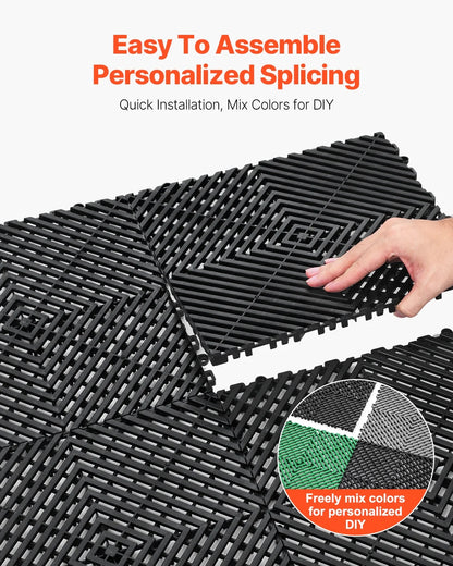 KFFKFF Drainage Floor Mat Set, 12° x 12° Modular Interlocking Padding, Set of 55 Connectable Drainage Mats, Slip-Resistant Black PP Drainage Floor and Bath Mat, Suitable for Garage, Garden
