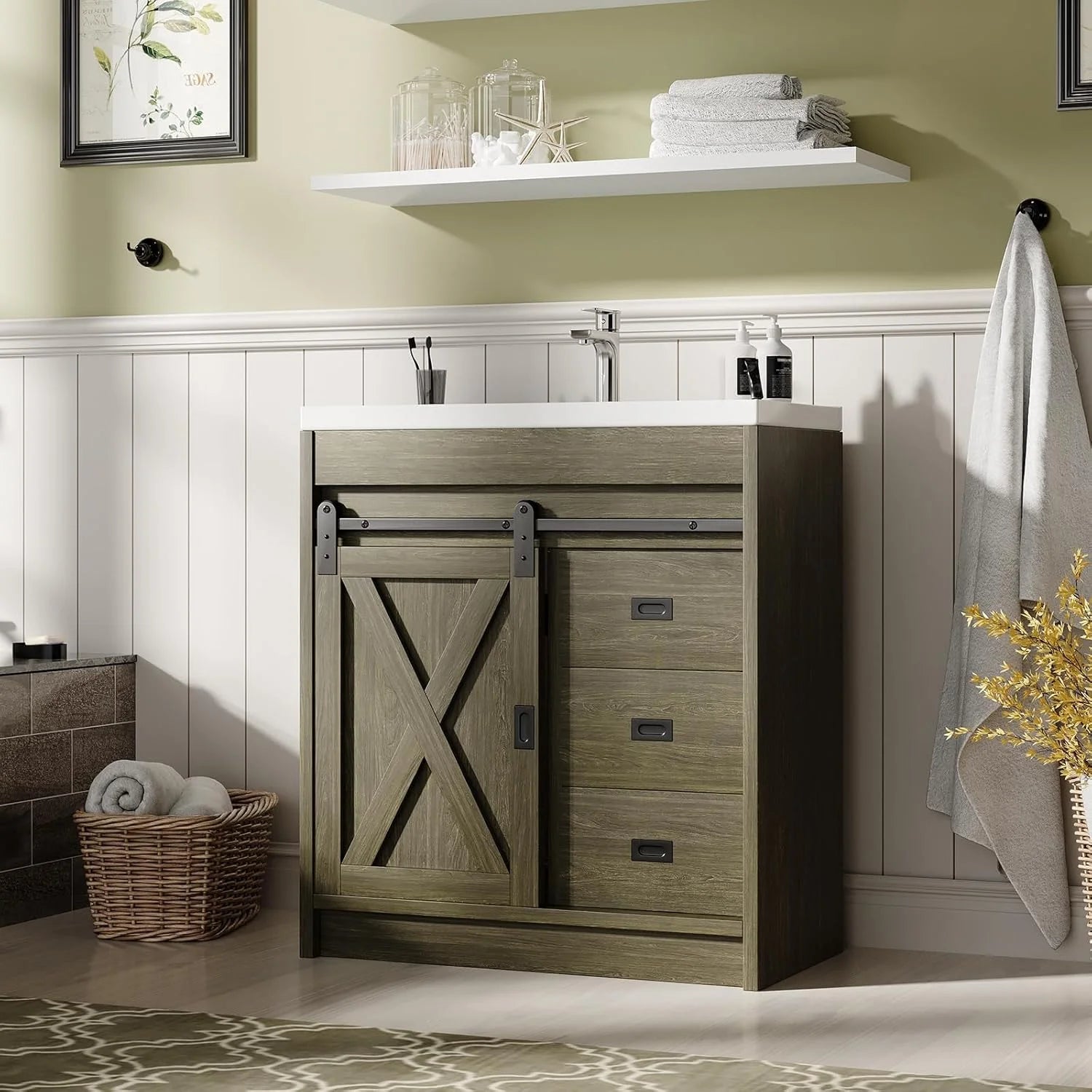 DreamCurship 32" Bathroom Vanity with Sink Combo, White Bathroom Storage Cabinet with Drawers, Farmhouse Bathroom Vanity Cabinet with Sliding Barn Doors, White