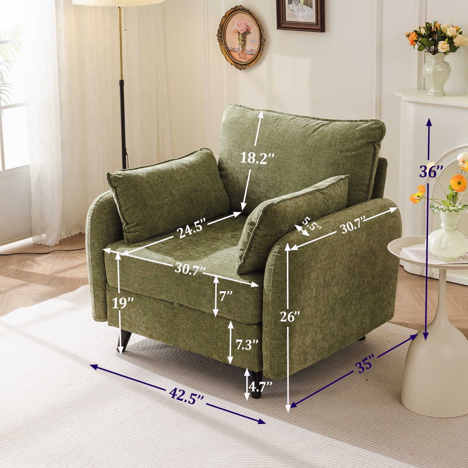 Rexulqo Oversized Accent Chair with All Seats Storage,Comfy Living Room Chairs with 2 Throw Pillow,Upholstered Mid-Century Armchair,24.5'' Deep Seat,Reading Chair For Bedroom ,Office,Chenille,Green