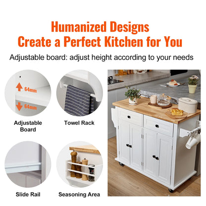 BENTISM 35.4" Kitchen Island on Wheels Cart Rubber Solid Wood Countertop Rolling Storage Cabinet with 2 Drawers & Spice Rack & Towel Holder, White