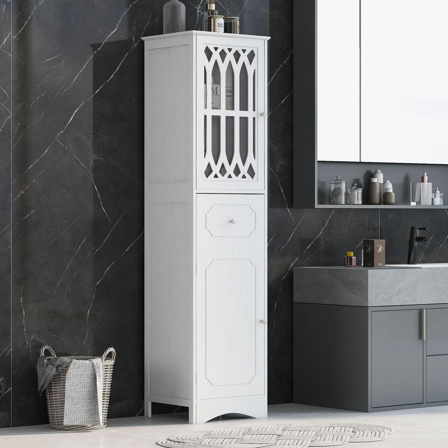 DEALTOPS Modern Bathroom Cabinet with Drawer and 2 Cabinets, Slim Freestanding Storage Cabinet with adjustable shelf for Bathroom - Gray