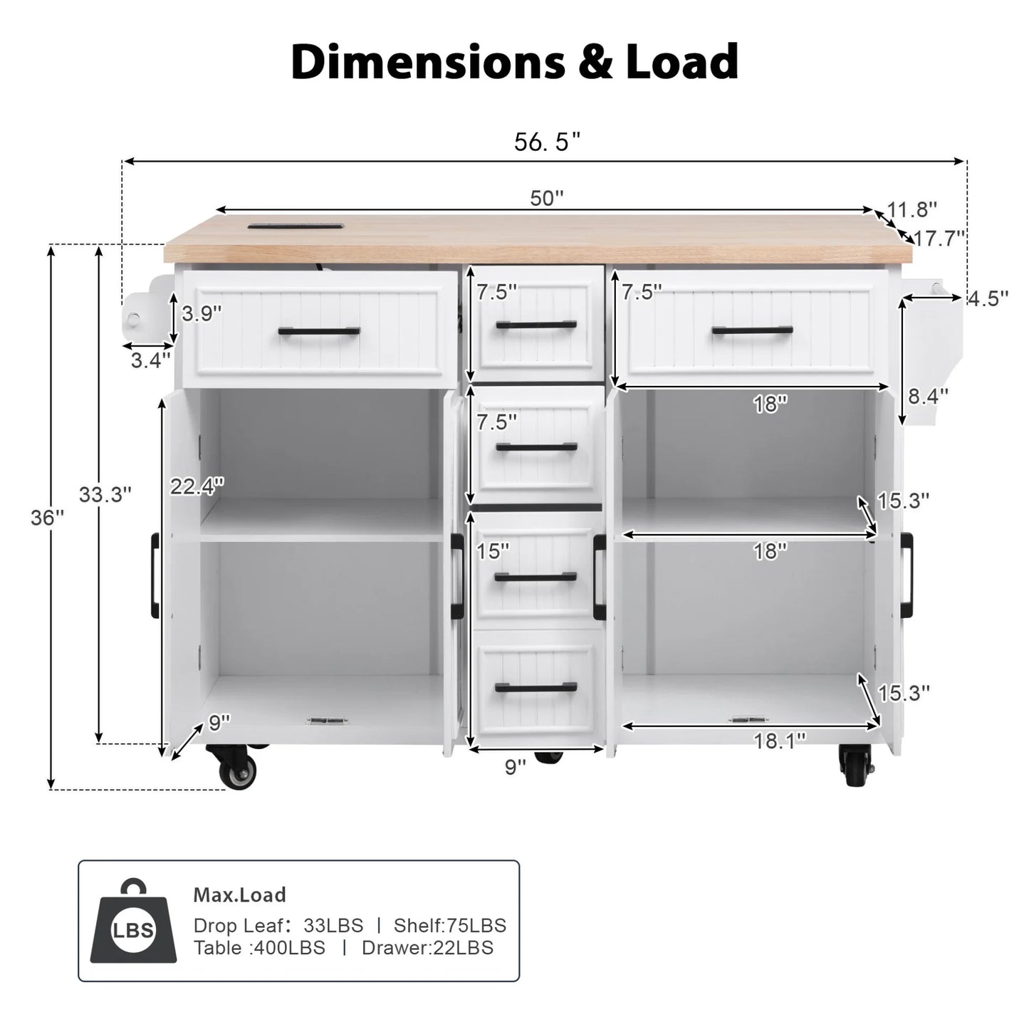 Kitchen Island with Storage, Rolling Kitchen Island on Wheels with Charging Station, Kitchen Cart Island Table with Drop Leaf, Drawers, Cabinets, Spice Rack, Towel Rack, Black