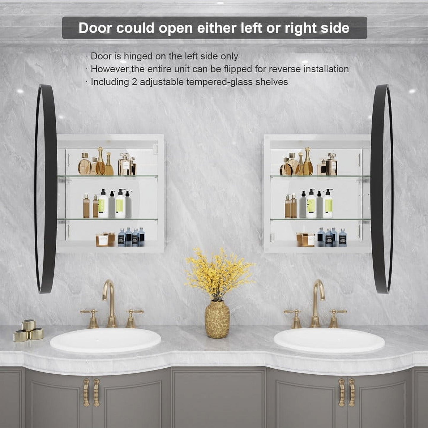 WallBeyond Bathroom Medicine Cabinet with Round Mirror Aluminum Framed 24", Gold