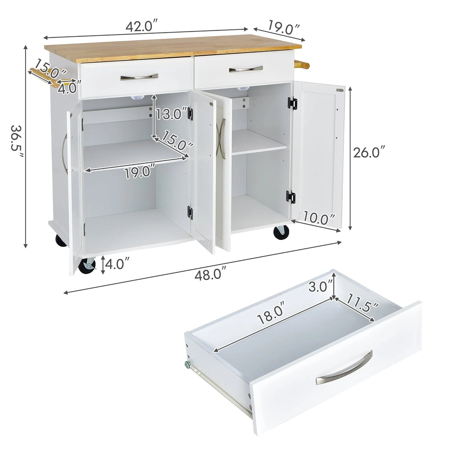 Costway 4-Door Rolling Kitchen Island Cart Buffet Cabinet w/Towel Racks Drawers White