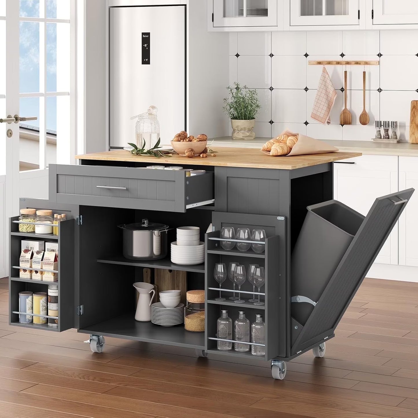 SELOOYE Kitchen Island Cart with Storage, Rolling Side Table, Large Worktop, Cabinet, Towel Rack, Drawers