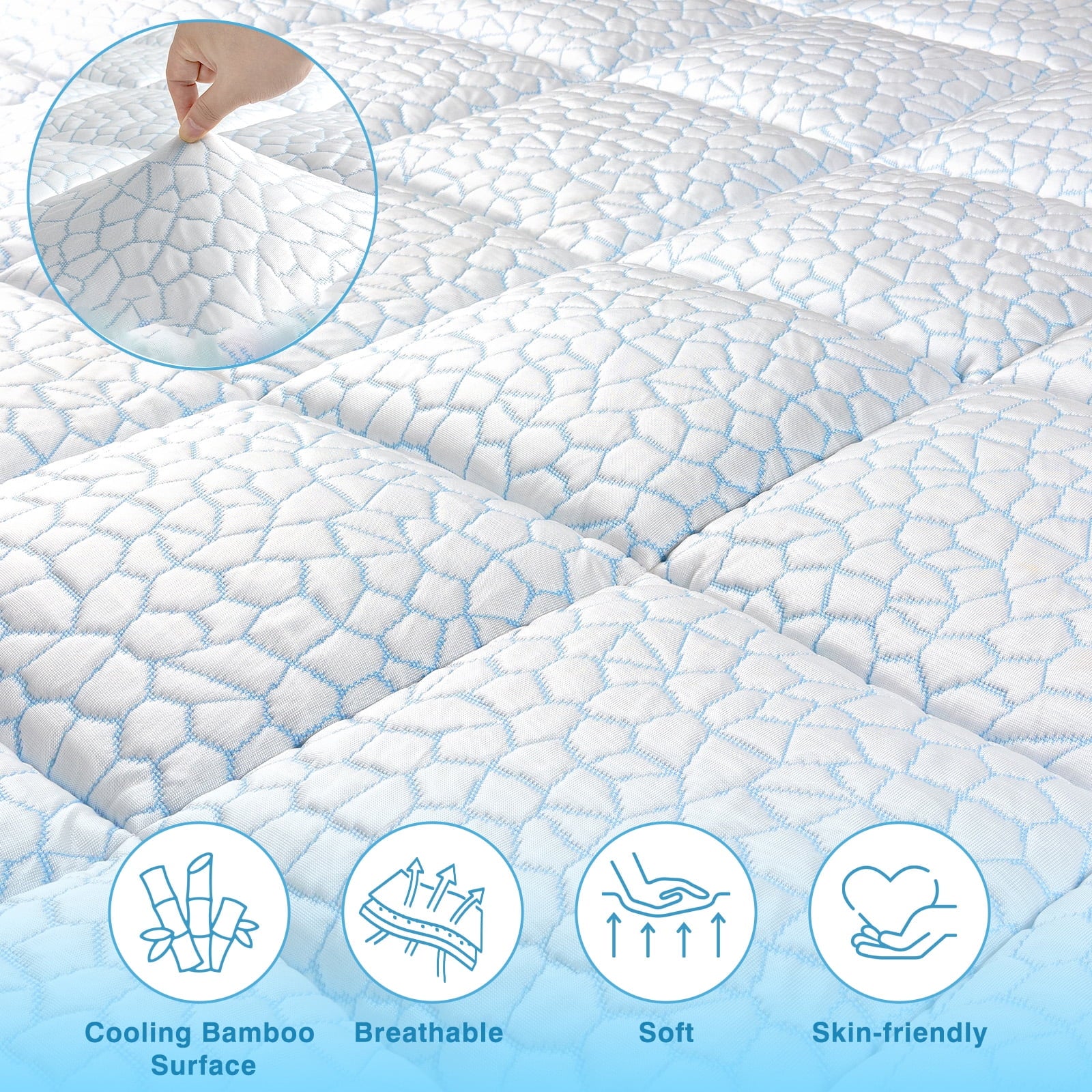 Fapo Queen Size Dual Layer 4 Inch Memory Foam Mattress Topper,Cooling Bamboo Surface,Including 2" 50D Gel Memory Foam and 2" 3D Desigh Soft Breathable Quilted Pillow Top Mattress Pad