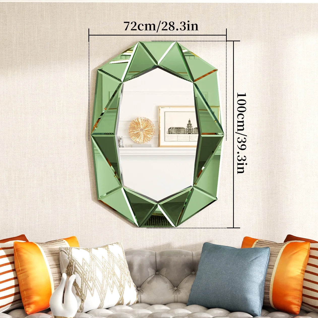 LUVODI Geometric Mirror Wall 28 x 39 inch Art Mirror Green 3D Glass Beveled for Bathroom Living Room