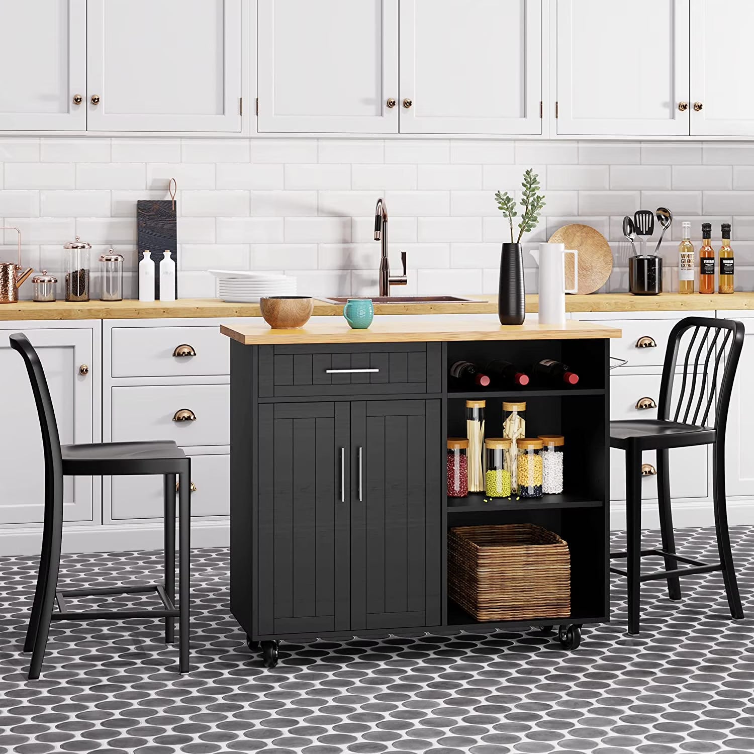 Sobaniilo Kitchen Island Cart with Storage, Rolling Side Table with Large Worktop, Towel Rack, Black