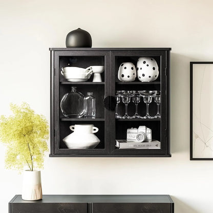 56" Black Wall Storage Cabinets,Kitchen Wall Cabinets with Glass Doors,Over The Toilet Storage Cabinets with Tempered Glass, Upper cabinets for Launtry, Kitchen,Bathroom, 28 inch X 2PCS
