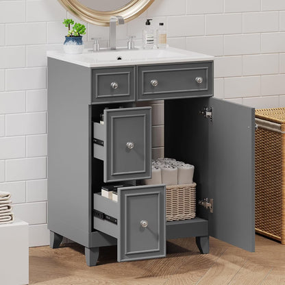 24-Inch Bathroom Vanity Cabinet with Ceramic Sink, 2 Drawers, 1 Door, Light Green