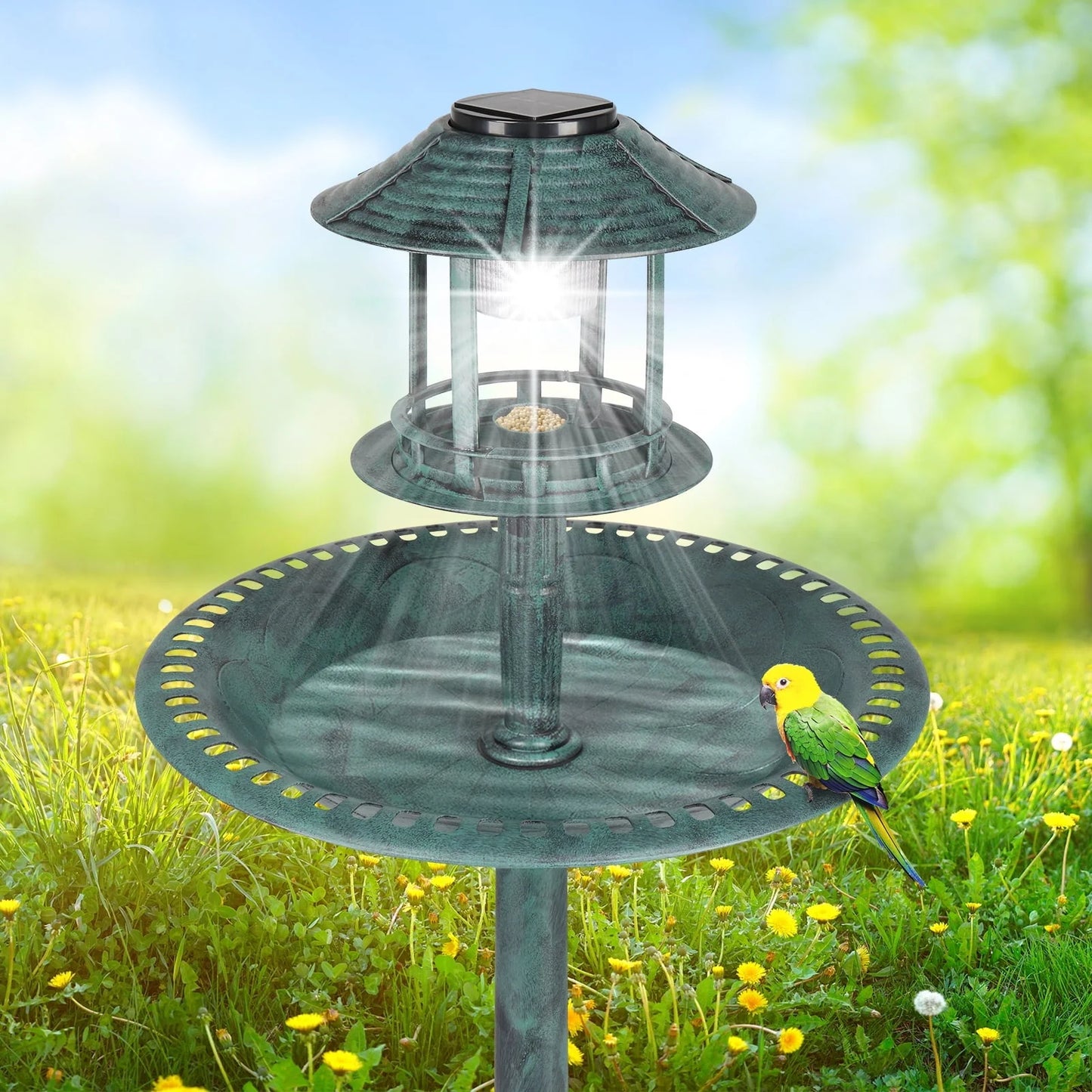 UBesGoo Bird Bath Dark Green 42 Inch w/Solar Light Antique Copper Weather Resistant Birdbaths
