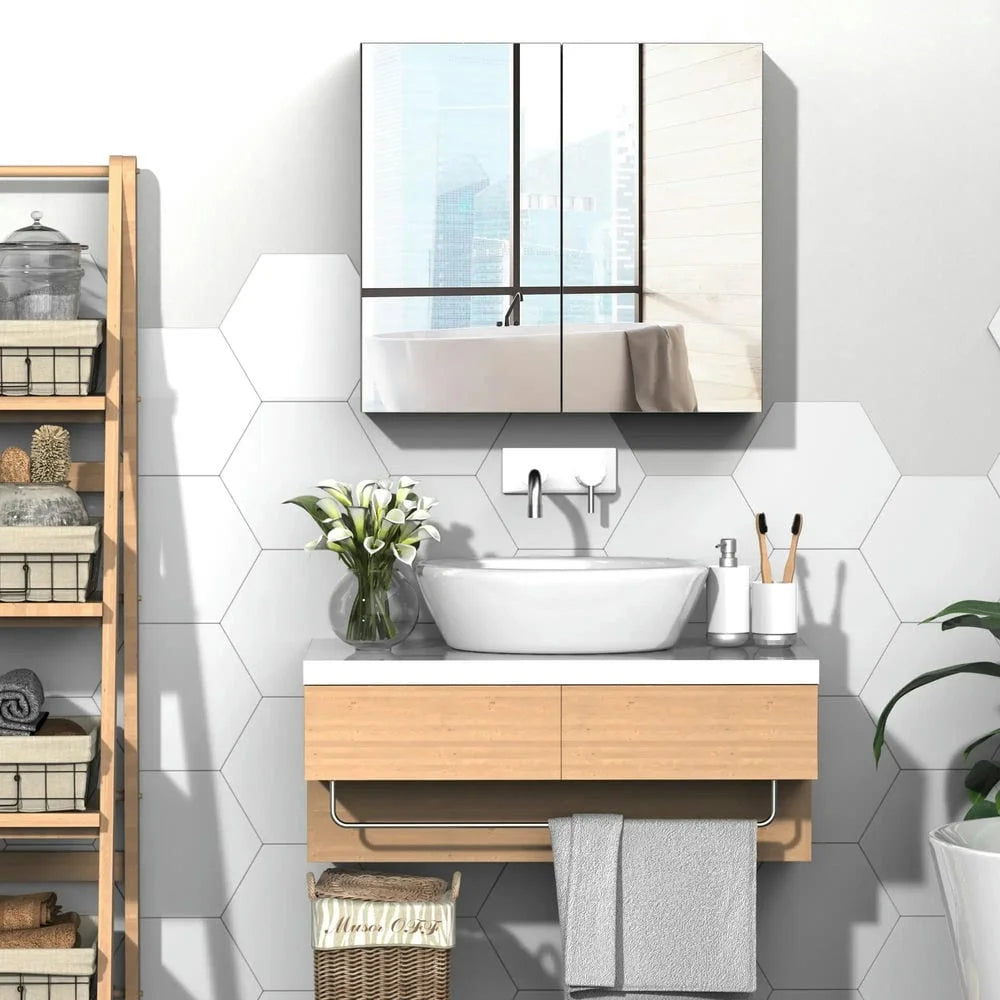 Spaco Bathroom Mirrored Cabinet with Double Doors, 24"x22" Steel Frame Medicine Cabinet, Wall-Mounted Storage Organizer, White