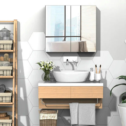 Spaco Bathroom Mirrored Cabinet with Double Doors, 24"x22" Steel Frame Medicine Cabinet, Wall-Mounted Storage Organizer, White