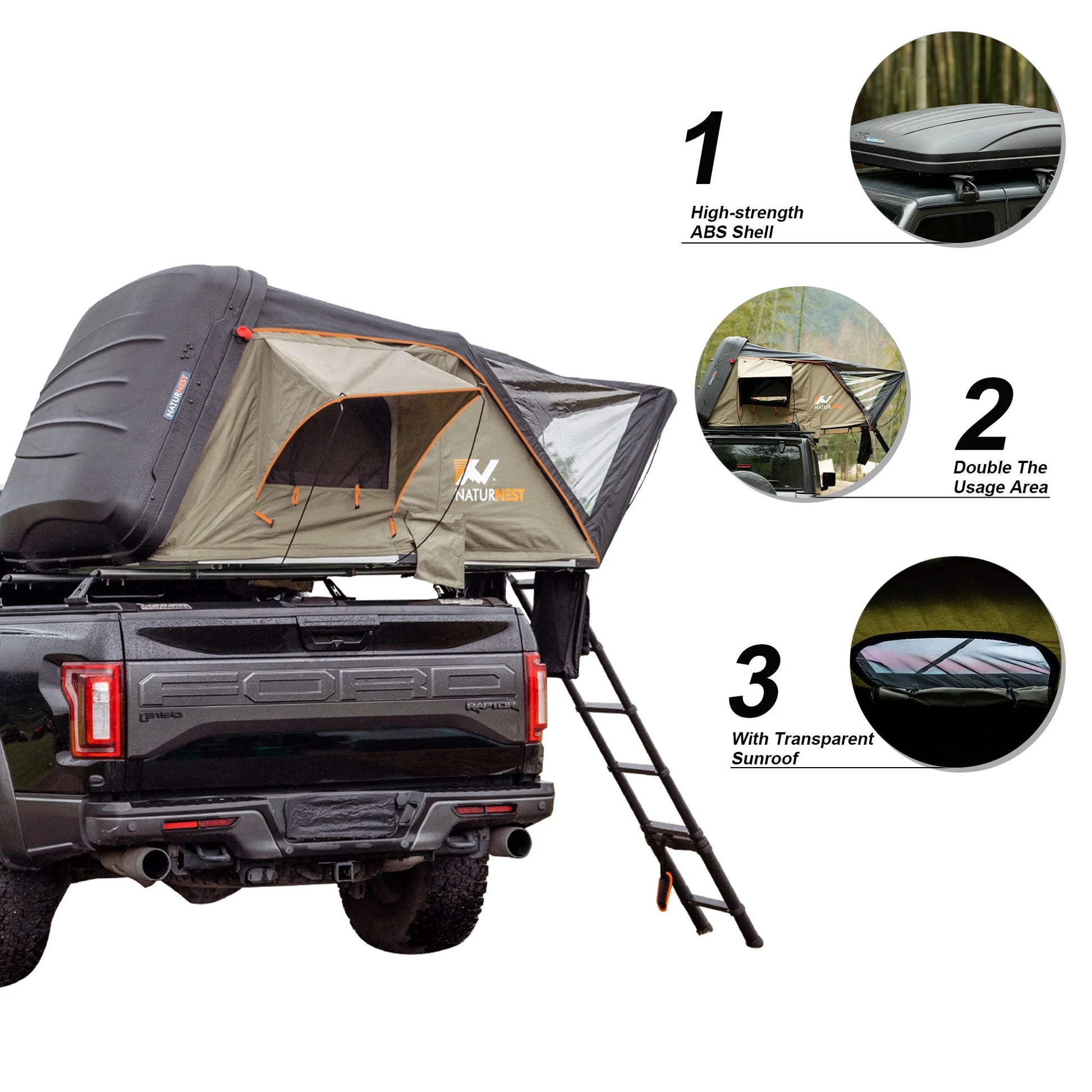 Naturnest Premium Weatherproof 2-3 Person Rooftop Tent with Adjustable Dual Lighting, Memory Foam Bedding, Spacious Interior, and Exceptional Delivery