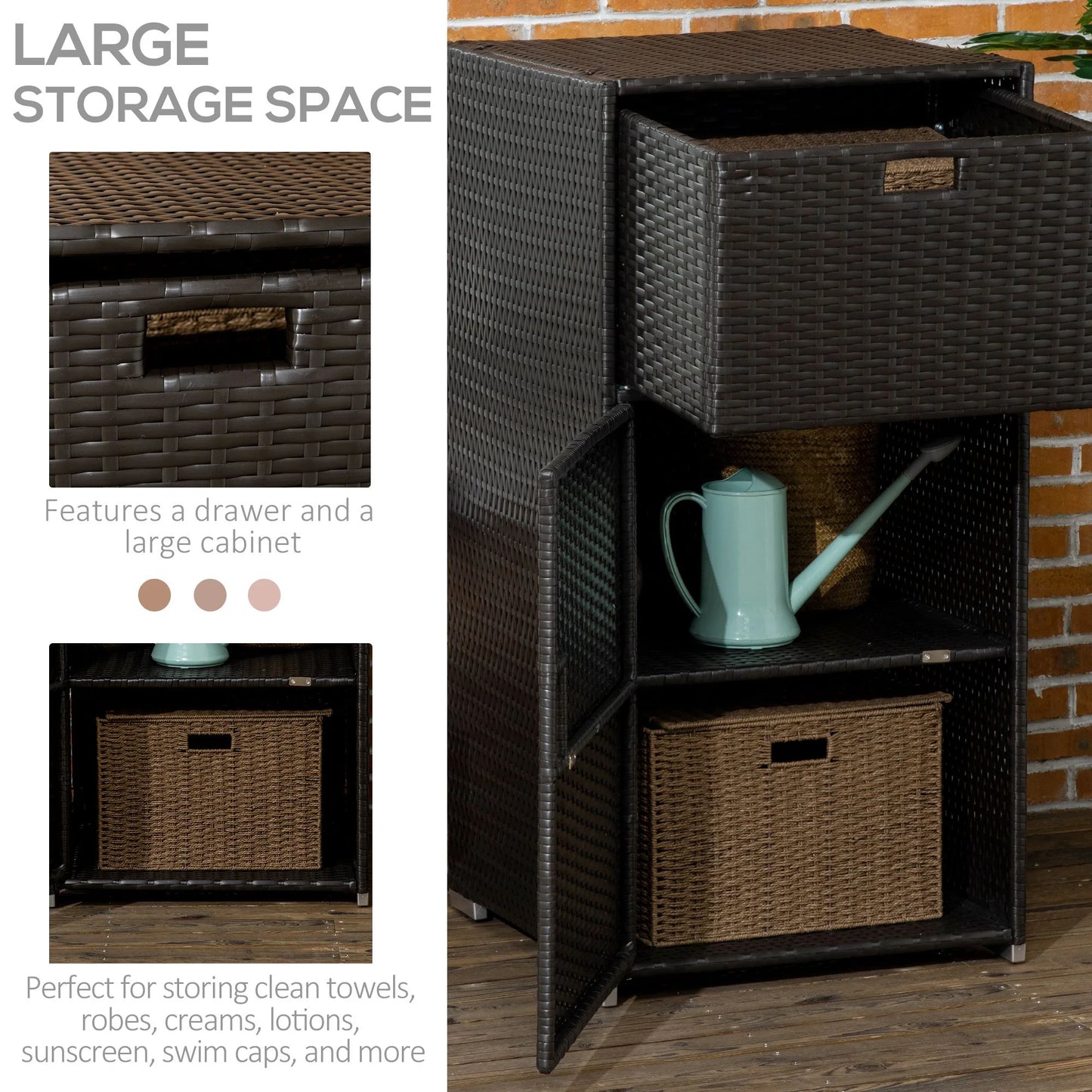 Outsunny Towel Rack & Pool Toy Cabinet/Hot Tub Accessory Storage, Waterproof PE Rattan Cabinet & Drawer for Indoor, Outdoor Swimming Pool, Brown
