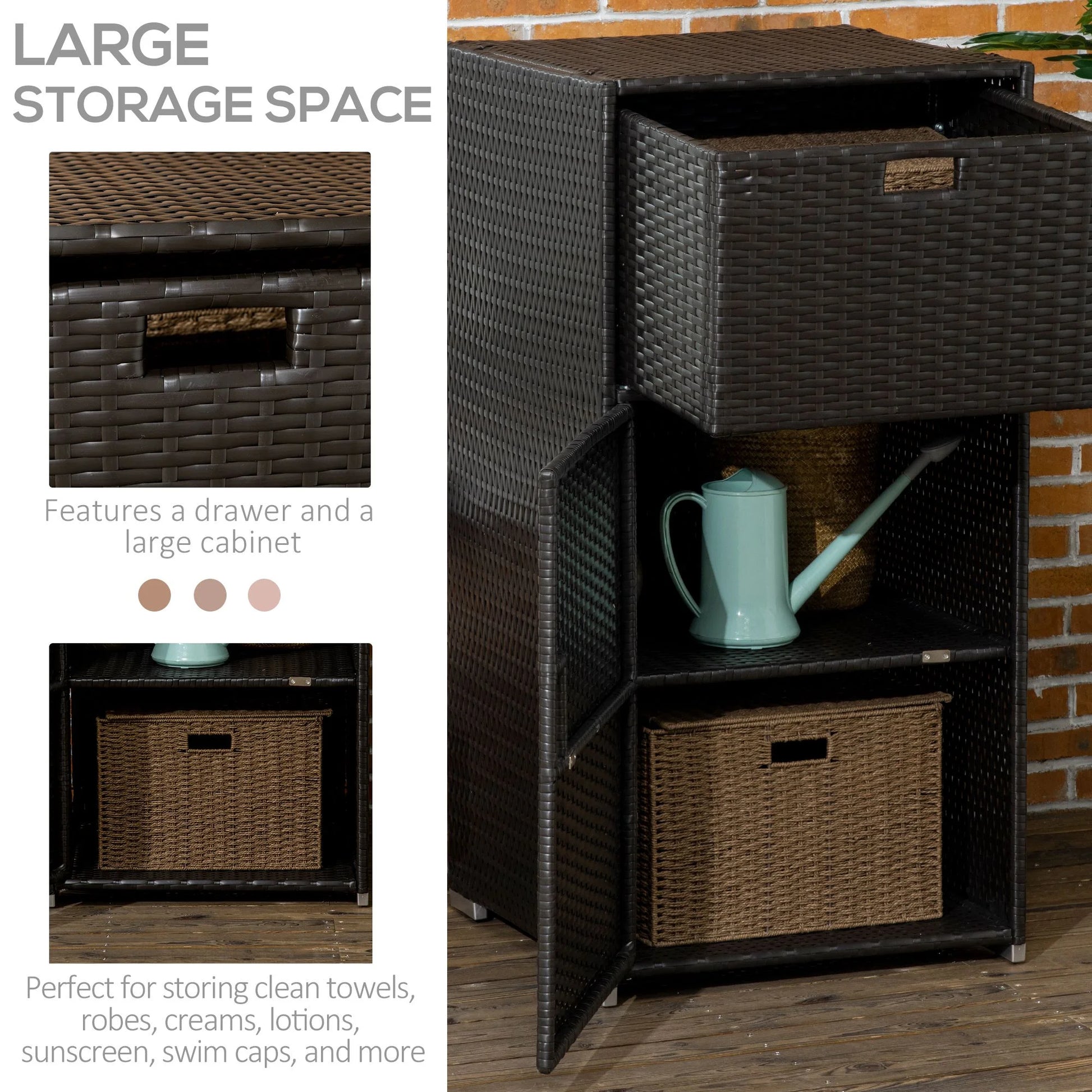 Outsunny Towel Rack & Pool Toy Cabinet/Hot Tub Accessory Storage, Waterproof PE Rattan Cabinet & Drawer for Indoor, Outdoor Swimming Pool, Brown