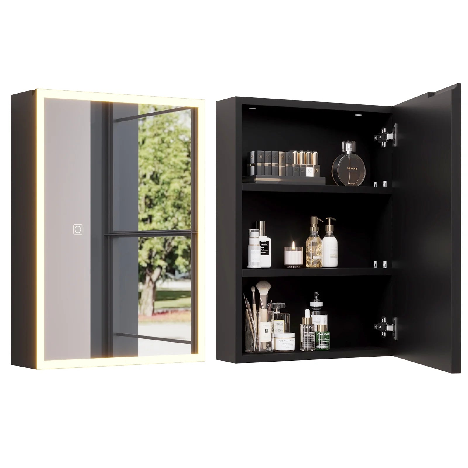 Ktaxon 20"x28", LED Bathroom Medicine Cabinet with Mirror Lighted, Wall Mounted Storage Cabinet w/Dimmable, Memory function, Outlets & USB, Black